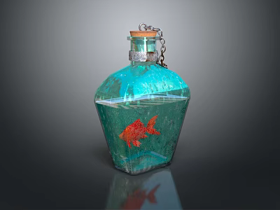 Bottle Shaped Glass Fish Tank With Goldfish Cork Stopper And Chain Decoration 3d model
