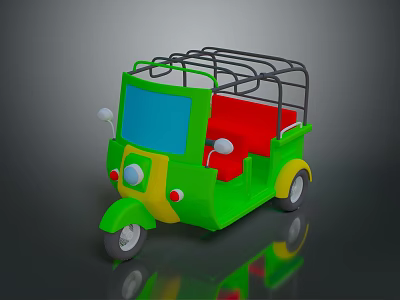Green Auto Rickshaw with Red Seats Blue Windshield Yellow Wheels and Black Roof Rack 3d model
