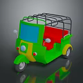 Green Auto Rickshaw with Red Seats Blue Windshield Yellow Wheels and Black Roof Rack