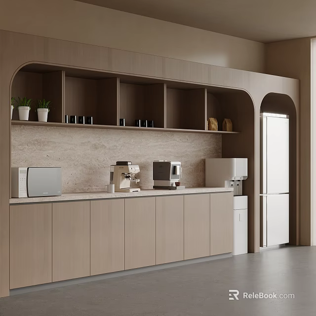 Modern Tea Room Interior Design With Wooden Cabinets Shelves Potted Plants Coffee Machine And Microwave 3d model 