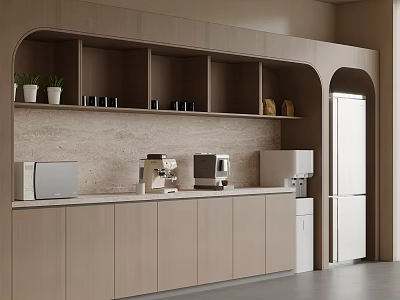 Modern Tea Room Interior Design With Wooden Cabinets Shelves Potted Plants Coffee Machine And Microwave 3d model
