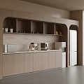 Modern Tea Room Interior Design With Wooden Cabinets Shelves Potted Plants Coffee Machine And Microwave