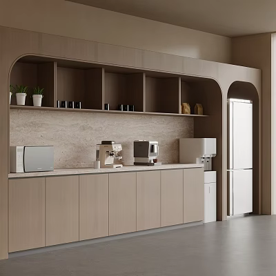 Modern Tea Room Interior Design With Wooden Cabinets Shelves Potted Plants Coffee Machine And Microwave 3d model