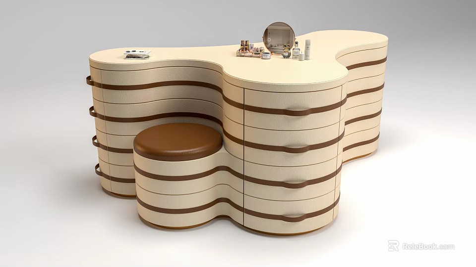 Modern Beige Brown Island Cabinet With Curved Drawers And Matching Stool 3d model 