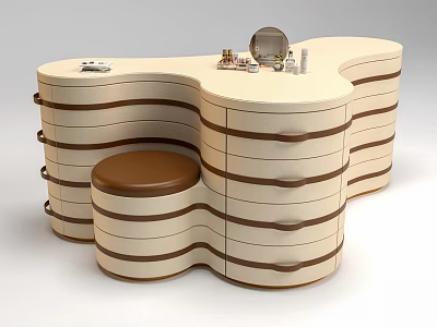 Modern Beige Brown Island Cabinet With Curved Drawers And Matching Stool 3d model