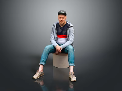 A Man Sitting On Cylindrical Stool Wearing Black Cap Gray Jacket And Blue Jeans 3d model