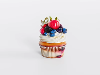 Delicious Cupcake Topped With Whipped Cream Fresh Strawberry Blueberry Blackberry And Mint Leaf 3d model