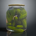 Fresh Homemade Crispy Pickles Stored in Glass Jar with Golden Lid