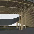 Garden Landscape Featuring Modern Wooden Pavilion Curved Roof Bamboo And Lush Green Plants