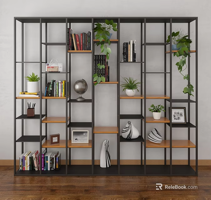 Modern Black Metal Frame Bookcase With Wooden Shelves Books Green Plants And Decorations 3d model 