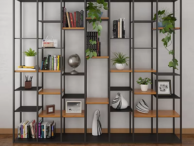 Modern Black Metal Frame Bookcase With Wooden Shelves Books Green Plants And Decorations 3d model