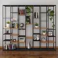 Modern Black Metal Frame Bookcase With Wooden Shelves Books Green Plants And Decorations