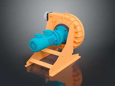 Industrial Blower Equipment With Orange Frame And Blue Motor On Metal Stand 3d model