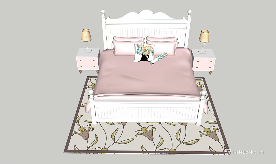 Children's Bed with White Frame Pink Bedspread and Bedside Tables Lamps on Floral Rug 3d model 