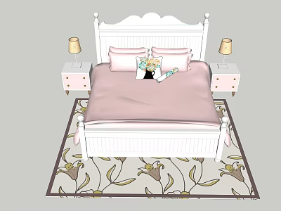 Children's Bed with White Frame Pink Bedspread and Bedside Tables Lamps on Floral Rug 3d model