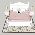 Children's Bed with White Frame Pink Bedspread and Bedside Tables Lamps on Floral Rug
