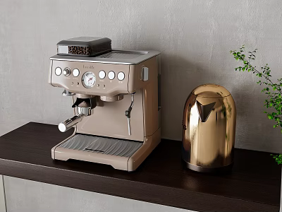 Stylish Kitchen Appliances Featuring Coffee Machine And Gold Kettle On Dark Countertop With Green Plant 3d model