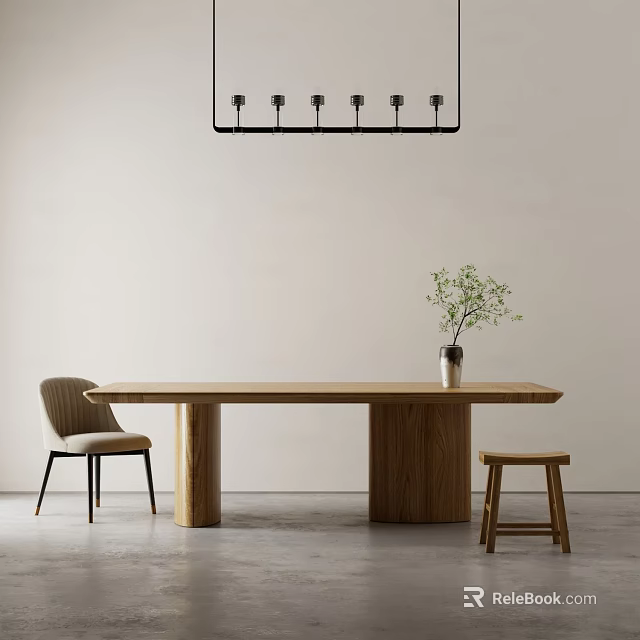 Minimalist Wooden Dining Table with Pendant Light Green Plant in Vase and Side Chair Stool 3d model 