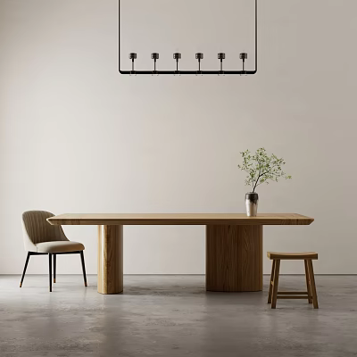Minimalist Wooden Dining Table with Pendant Light Green Plant in Vase and Side Chair Stool 3d model