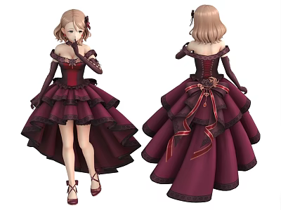 Woman In Elegant Burgundy Off Shoulder Dress With Layered Skirt And Bow At Waist 3d model