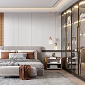Modern Bedroom Interior With Wooden Accent Wall White Paneling Large Bed Bench And Mirror Wall