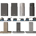Kitchen Appliances Display With Various Range Hood Styles And Cookware 3d model