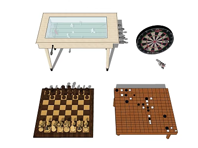 Indoor Game Equipment Including Air Hockey Table Dartboard Chessboard And Go Board 3d model