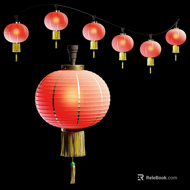 Red Lantern Style Ceiling Light With Hanging Design And Decorative Tassel Details 3d model 