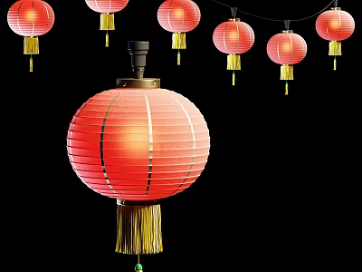 Red Lantern Style Ceiling Light With Hanging Design And Decorative Tassel Details 3d model