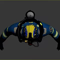 Game and Movie Character in Blue Firefighter Uniform With Yellow Stripes Helmet Mask and Equipment