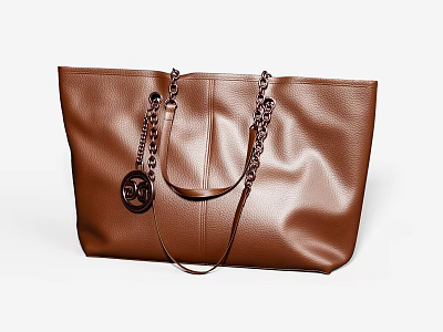 Stylish Brown Leather Handbag With Chain Handles And Metal Pendant Accent 3d model