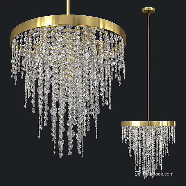 Elegant Crystal Chandelier Design With Golden Circular Frame And Hanging Crystal Beads 3d model 