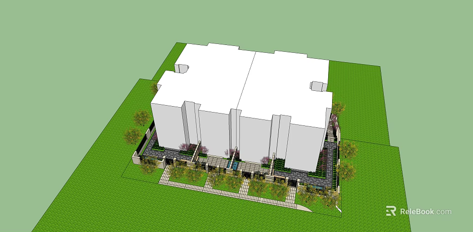 Garden Courtyard Landscaping Design Surrounding White Building With Green Plants And Pathways 3d model 