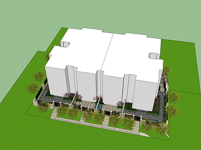 Garden Courtyard Landscaping Design Surrounding White Building With Green Plants And Pathways 3d model
