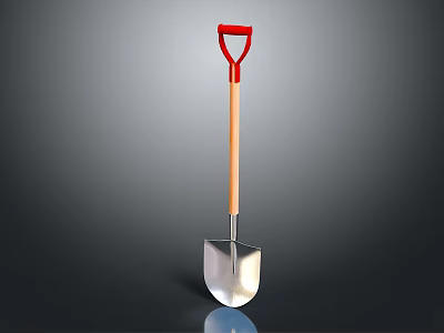 Red Handle Wooden Shaft Silver Head Shovel On Gray Gradient Background 3d model