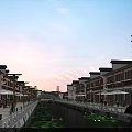 Traditional Style Commercial Street With Red Lanterns Water Canal Lotus Leaves And Pedestrians