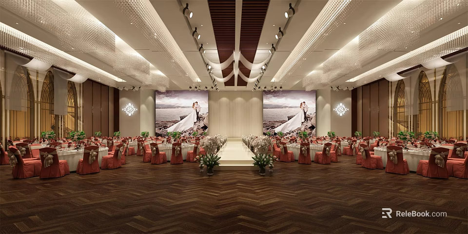Elegant Wedding Banquet Hall With Red Chairs Floral Centerpieces Wooden Floor And Large Screens 3d model 