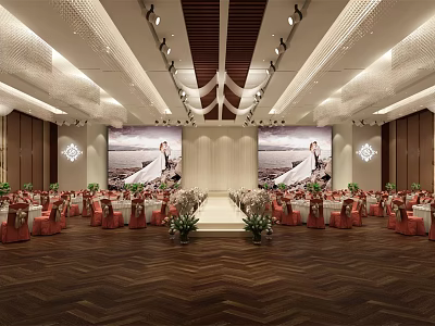Elegant Wedding Banquet Hall With Red Chairs Floral Centerpieces Wooden Floor And Large Screens 3d model