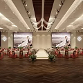Elegant Wedding Banquet Hall With Red Chairs Floral Centerpieces Wooden Floor And Large Screens
