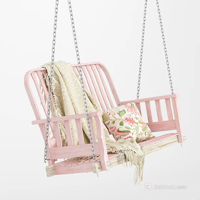 Pink Wooden Swing Chair With Cozy Blanket And Floral Pillow Decorative Furniture 3d model 
