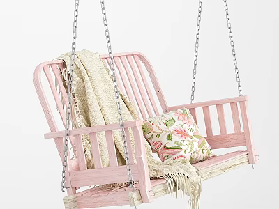 Pink Wooden Swing Chair With Cozy Blanket And Floral Pillow Decorative Furniture 3d model