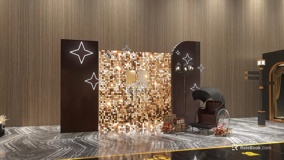 Interactive Zone With Brown Wooden Walls Sequin Decorative Wall And White Star Patterns 3d model 