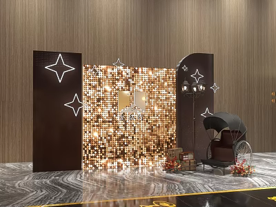 Interactive Zone With Brown Wooden Walls Sequin Decorative Wall And White Star Patterns 3d model
