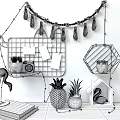 Cute Wall Decor with Pink Grid Hexagon Shelves Flamingo Ornament Green Plants and String Lights