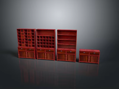 Red Wooden Cabinets With Various Styles Drawers And Open Shelves Arranged On Gray Reflective Surface 3d model