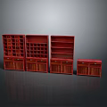 Red Wooden Cabinets With Various Styles Drawers And Open Shelves Arranged On Gray Reflective Surface