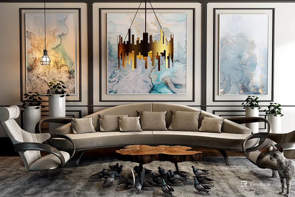 Modern Living Room Interior Featuring Beige Sofa Coffee Table Abstract Art And Metallic Chandelier 3d model 