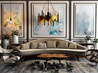Modern Living Room Interior Featuring Beige Sofa Coffee Table Abstract Art And Metallic Chandelier 3d model