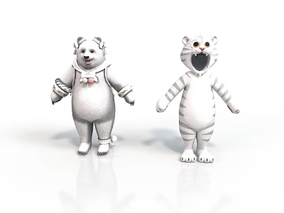 Cute Cartoon White Striped Bear and Tiger Standing with Cheerful Expressions 3d model