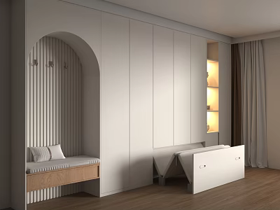 Modern Minimalist Room Interior With Arch Design Striped Wall Bed Storage And Lit Shelves 3d model